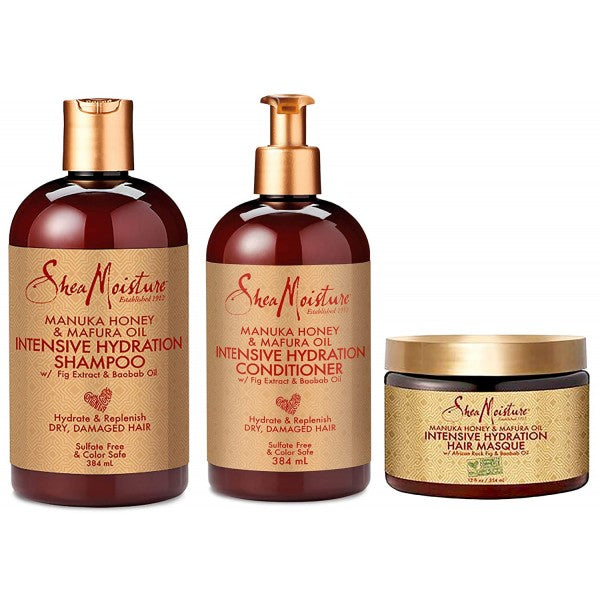 Shea Moisture Manuka Honey & Mafura Oil Set: Intensive Hydrating Shampoo 384 ml, Intensive Hydrating Conditioner 384 ml & Intensive Hydrating Masque 354 ml