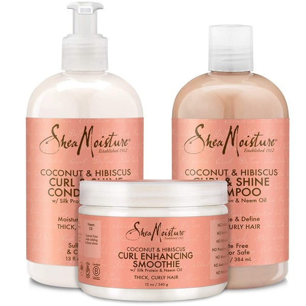 Shea Moisture Coconut &amp; Hibiscus Locken-Set: Curl &amp; Shine Shampoo, Curl &amp; Shine Conditioner, Lockenverstärkender Smoothie